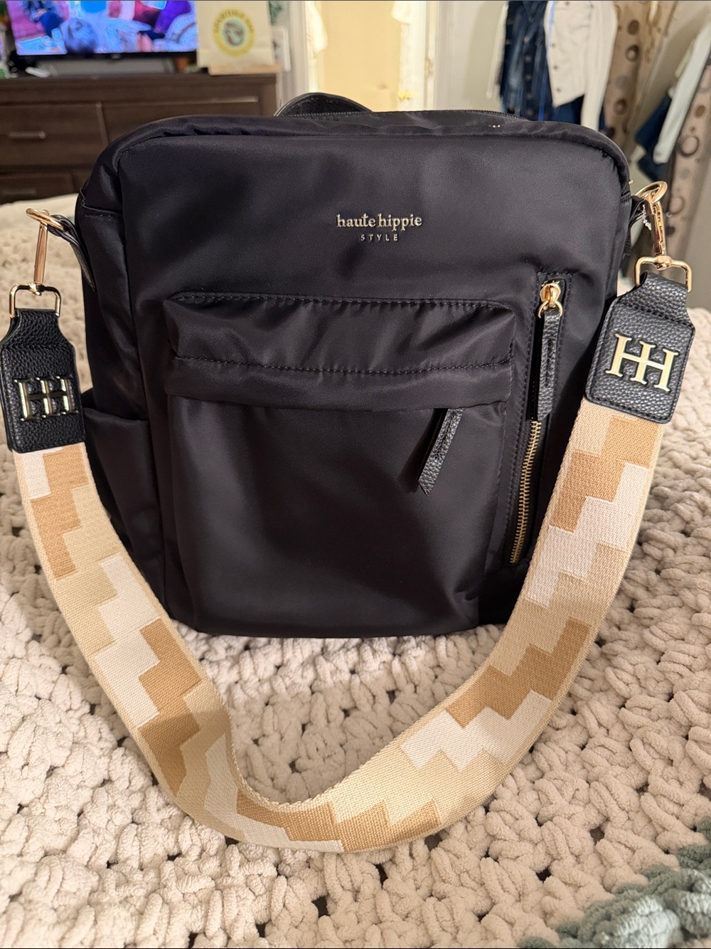 Haute Hippie Black Crossbody with Beige Geo Strap